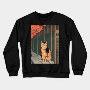 Japanese Cat at a traditional wood house Crewneck Sweatshirt